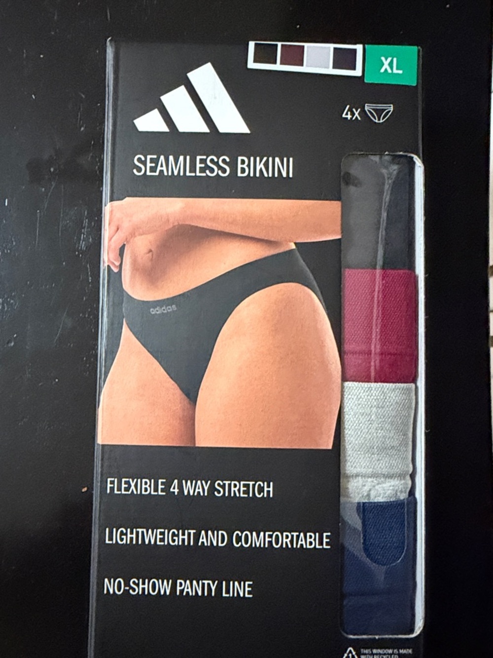 NIB adidas Seamless Bikini 4-Pack - Black, Burgundy, Gray, Navy. Size XL.